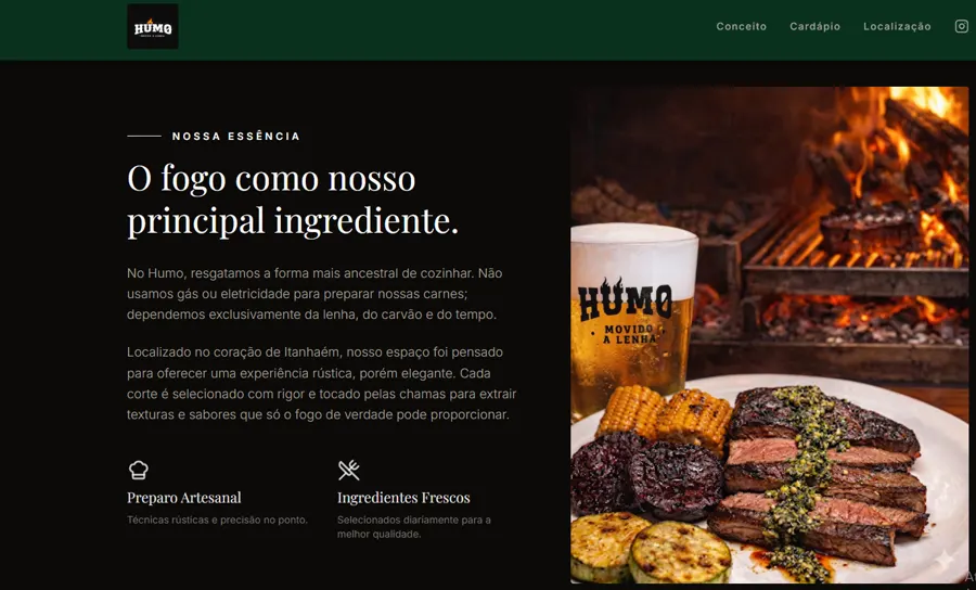 Página do site Humo Movido a Lenha com prato preparado na brasa