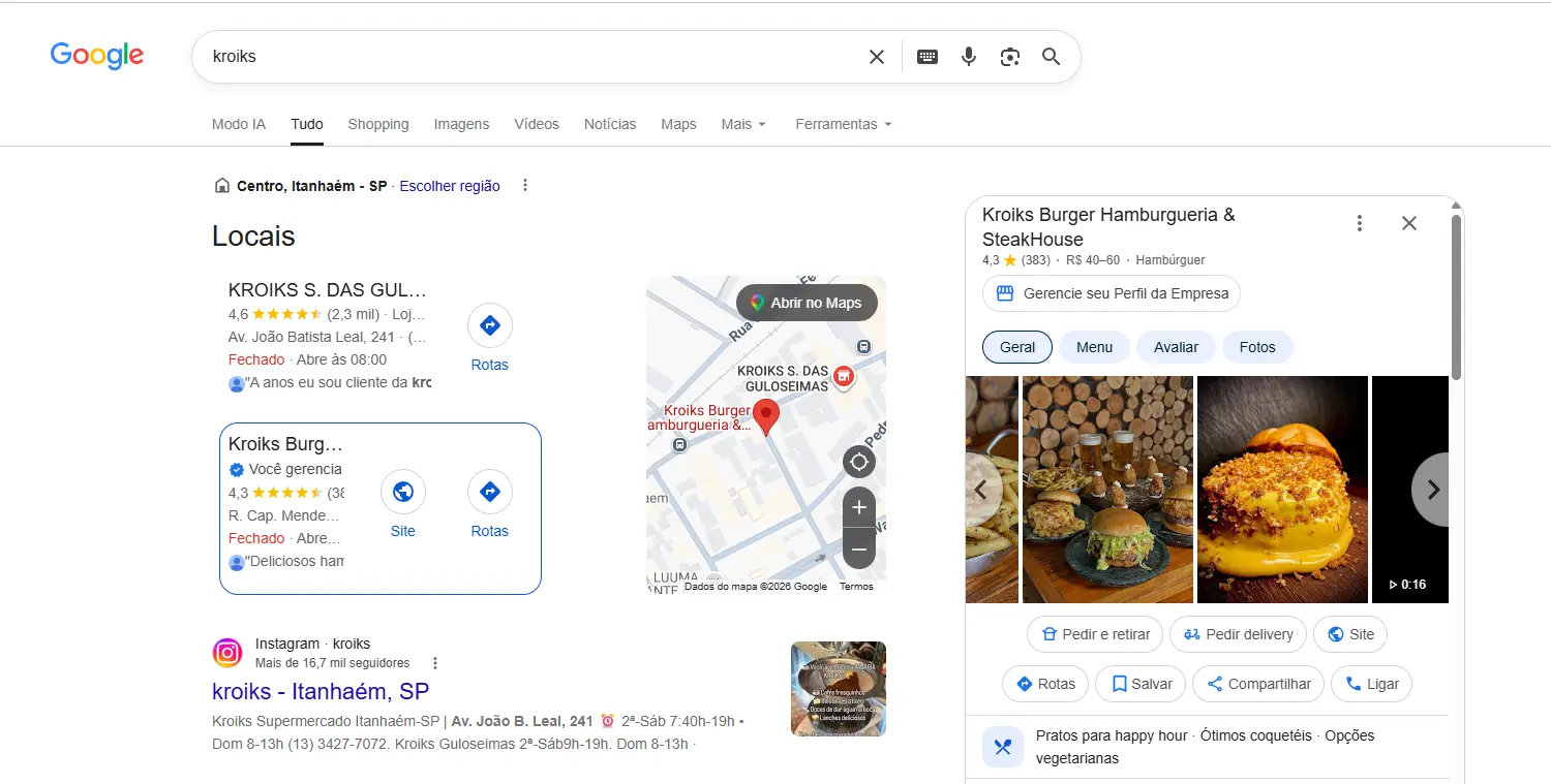 Resultado da busca pelo Kroiks Burger no Google em Itanhaém, com Perfil da Empresa, avaliações, fotos, site, rotas e contato
