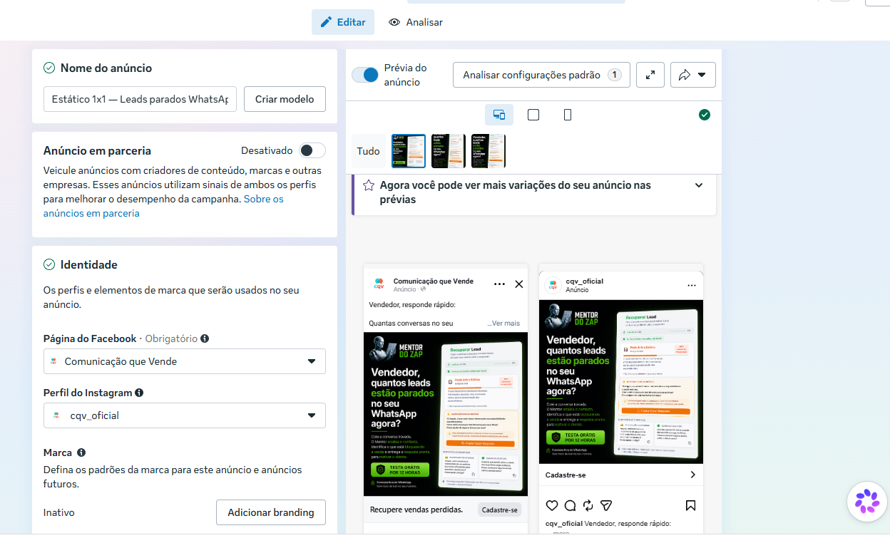 Prévia de anúncio da CQV no Gerenciador de Anúncios, mostrando campanha de captação de leads no WhatsApp